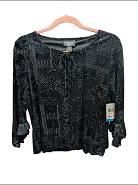 Notations Black Whimsigoth Velvet Burnout Tie Neckline Blouse Ruffle 3/4 Sleeves